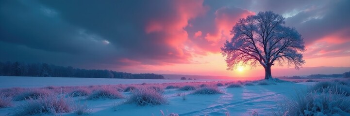 Obraz premium The dark sky casts long shadows across the snowy field and frozen tree, eerie, frozen, dark