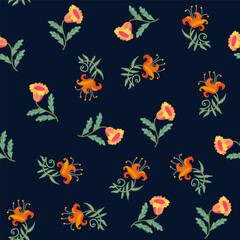 Bright embroidery flowers on black background. Seamless vector design. Floral pattern.