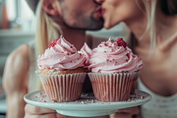 Romantic moment shared over delicious cupcakes in a cozy cafe setting with soft lighting