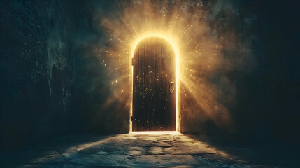 A bright door opening into a new world, with soft golden light spilling out. The door should symbolize opportunity and the unknown
