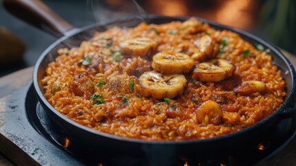 Steaming Jollof Rice with Fried Plantain in a Cast Iron Pan Close Up