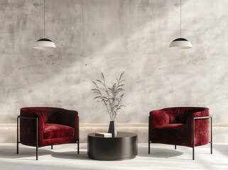 Two red velvet armchairs with black metal frames and a round coffee table. against a concrete wall with natural sunlight