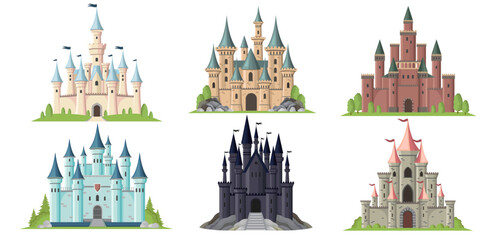 Collection of six vibrant castle illustrations, each with unique architecture, on a white background. Concept of fairytale castles. Vector illustration