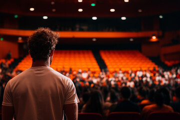 Fototapeta premium young man stands on stage, facing audience in theater, creating moment of anticipation and connection. atmosphere is filled with energy and focus