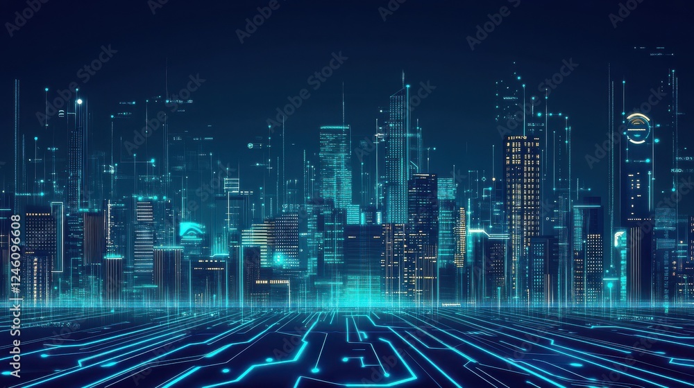 Poster digital interface with glowing turquoise circuits, pixelated patterns, and virtual data projections,