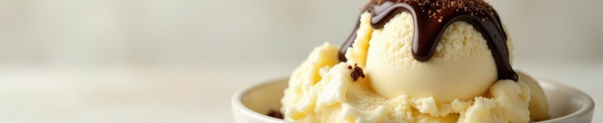 Smooth vanilla ice cream with a drizzle of dark chocolate sauce on top, creamy, flavor