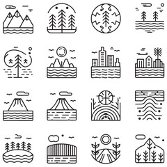 Set of outline icons related to landscape. Linear icon collection. Editable stroke. Vector illustration