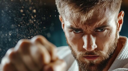 A karate practitioner breaking a wooden board with a powerful punch, captured mid-motion with an expression of intense focus