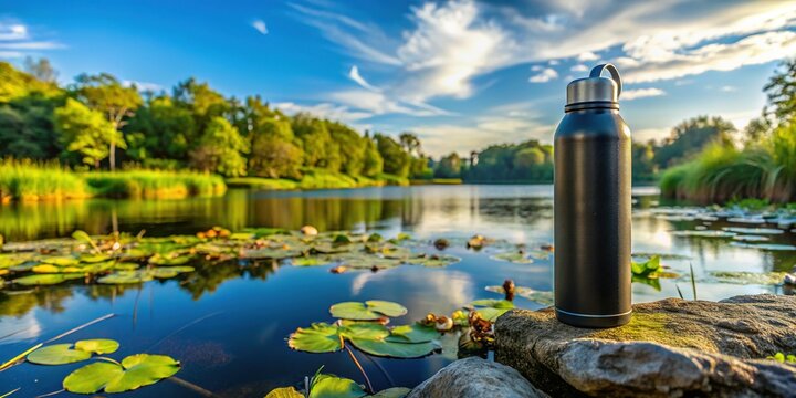 Black Hydro Flask on Lakeside Lily Pads, Fayette, Missouri, September 2021