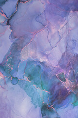 Abstract art featuring blended shades of blue and purple with shimmering accents created through...