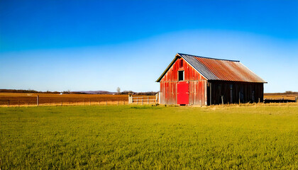 Obraz premium Rustic red barn stands in a vibrant green field under a clear blue sky. Perfect for agriculture, rural life, or nostalgic themes. Ideal for calendars, websites, and publications.