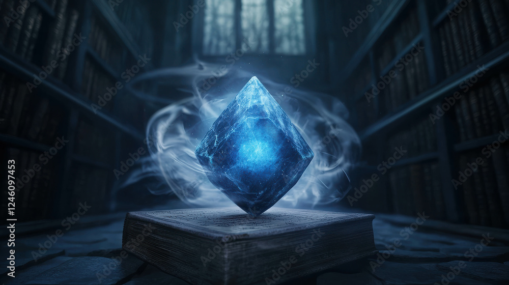 Aufkleber floating crystal surrounded by swirling wisps in a mysterious library setting