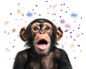 Gardinen Affe Surprised monkey with open mouth, surrounded by colorful confetti and fireworks, expressing joy and excitement  © Alice a.
