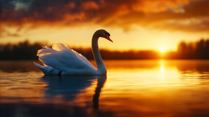 Fototapeta premium graceful swan swimming on tranquil lake at sunrise, reflecting warm colors of sky. serene atmosphere evokes sense of peace and beauty