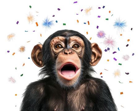 Surprised monkey with open mouth, surrounded by colorful confetti and fireworks, expressing joy and excitement