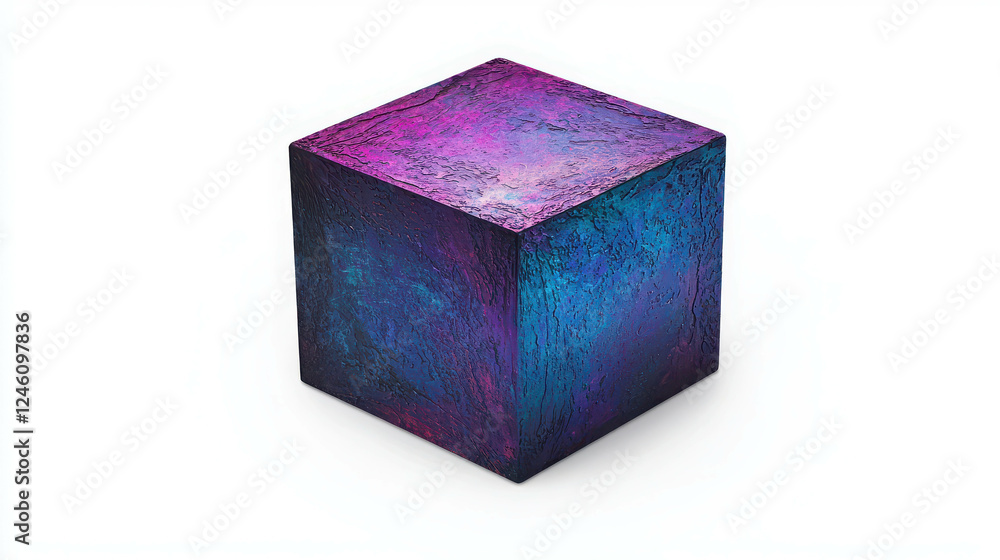 Poster holographic floating cube with colorful surface in artistic lighting and reflection