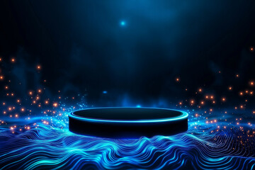 black empty podium illuminated by blue light, surrounded by glowing particles and flowing waves, creating futuristic atmosphere