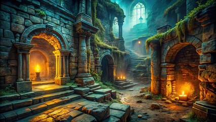 Naklejka premium Dark Ancient Dungeon Ruins: Forbidden Exploration Stock Photo