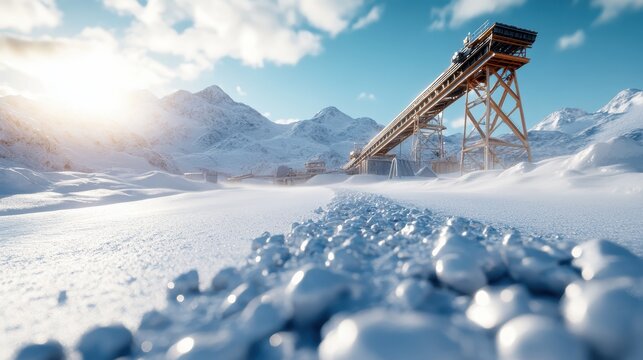 A breathtaking winter landscape features snowy mountains and an industrial structure, evoking feelings of tranquility and resilience in a cold, serene environment.