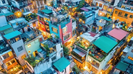 Vibrant Aerial View of Colorful Rooftop Gardens in Urban Setting