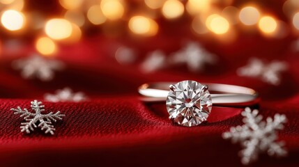This stunning diamond ring is beautifully displayed on a rich red velvet background, accentuated by sparkling winter lights and delicate snowflakes, evoking a sense of elegance.