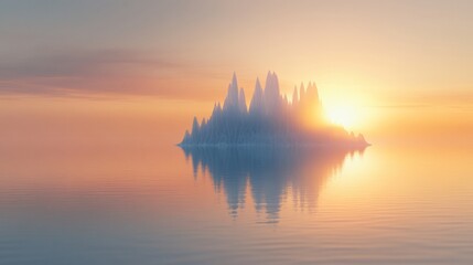 spires of an iceberg rising above calm polar waters at sunset