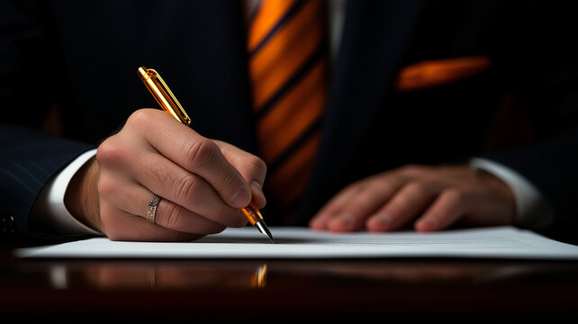 businessman in suit is signing contract document with pen, showcasing professionalism and attention to detail. scene conveys sense of commitment and formality