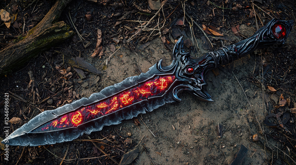 Poster slender obsidian dagger with intricate patterns and glowing embers in outdoor setting
