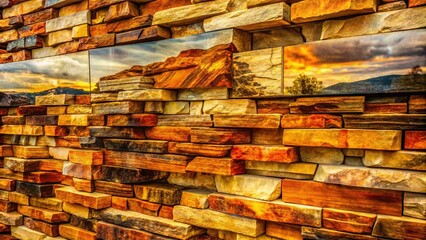 Earthy Textured Stone Wall Double Exposure Stock Photo - Rugged Stacked Stone Closeup
