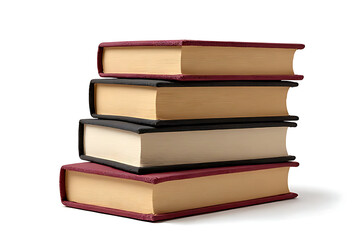 Stack of Four Hardcover Books Burgundy Black Cream Pages Isolated on White Background