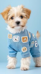 Adorable Puppy in Denim Jumpsuit with Cute Patches, Stylish Puppy Wearing Blue Overalls with Fun Designs, Cute Puppy Fashion in Denim Jumpsuit with Colorful Patches
