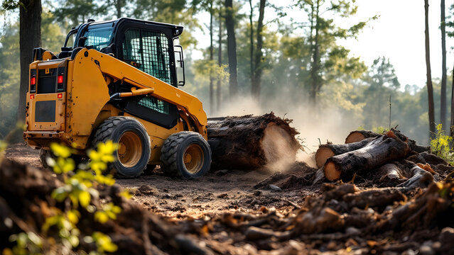 Skid steer tractor removes trees, clearing land for subdivision development