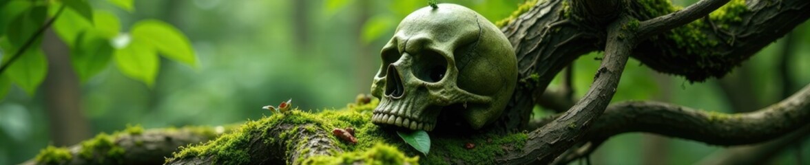 Fototapeta premium Skull-shaped formation created from twisted branches and leaves, moss, tree, natural