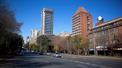 Fototapeta premium Urban Scene with Modern Buildings and Clear Blue Sky in Daylight