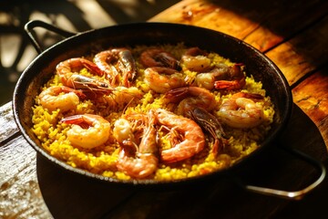 Sunlit shrimp paella outdoors on rustic wood