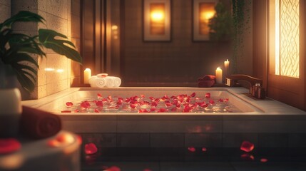 A luxurious bath setup with rose petals floating in the tub, accompanied by candles, creating a serene spa-like atmosphere.