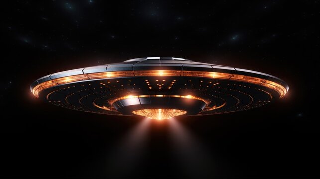 Retro Vintage UFO Flying Saucer on Black Background. 3D Illustration of Extraterrestrial Spaceship with Abstract Star Lights Technology