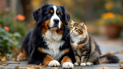 Fototapeta premium Bernese Mountain Dog and domestic cat sit together outdoors, showcasing companionship