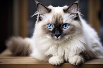 Fototapeta premium Royals' Furry Friend: Stunning Female Birman Cat with Blue & White Fur