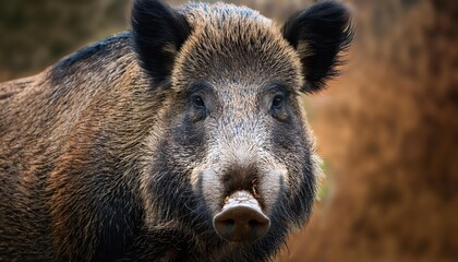 Intense Eyes of a Wild Boar in the Heart of a Dense European Forest, Majestically Caught on Camera Under the Soft Dawn Light.