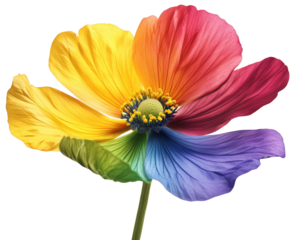 vibrant flower with rainbow colors, showcasing petals in yellow, red, and blue hues, symbolizing beauty and diversity in nature