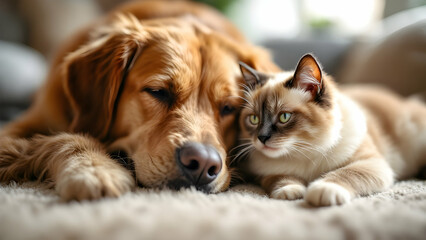 Obraz premium Large dog and Siamese cat relax together, showcasing peaceful pet companionship