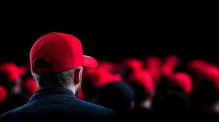crowd of people wearing red caps, viewed from behind, creates striking visual. focus is individual foreground, surrounded by sea of blurred figures, evoking sense of unity and collective identity