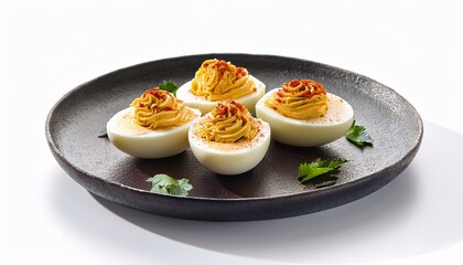 Fresh healthy deviled eggs on white background