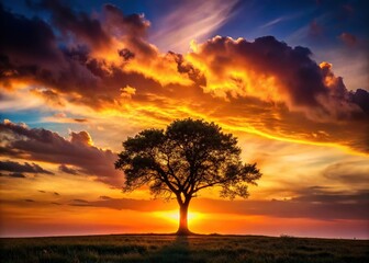 Fototapeta premium Majestic Sunset Silhouette of a Lone Tree Against Vibrant Sky