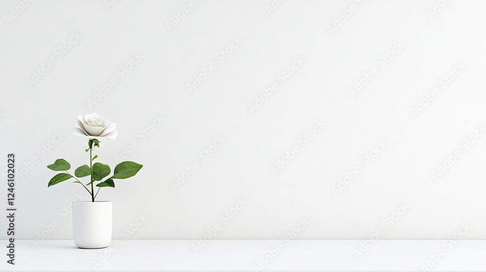 Poster a minimalistic scene with a white rose on a white background, creating subtle contrast and copy spac
