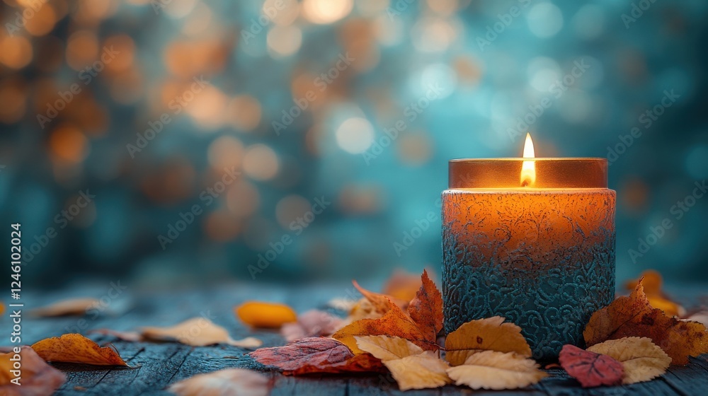 Poster all saints day burning candle on wooden table with bokeh background copy space for text