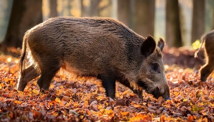 Vibrant Autumn Wilderness European Forest Floor Alive with Roaming Wild Boars Amidst Falling Leaves and Rich Hues