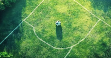 Aerial view Soccer ball on field, sunny day