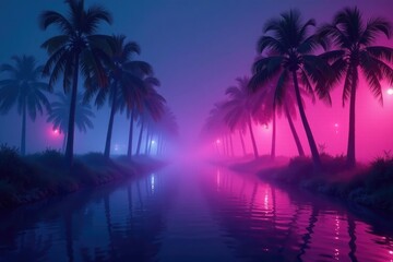 misty palm trees at night with neon lights reflected on the water, water, mist, serene atmosphere